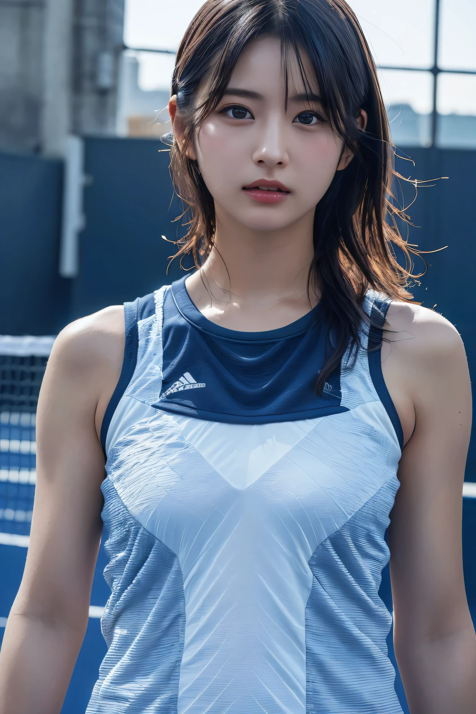 (highest quality, High resolution, masterpiece :1.3), Dressed, (Photorealistic: 1.4), (Super realistic: 1.4), (Realistic: 1.3), (Smooth lighting: 1.05), (Improving the quality of cinema lighting: 0.9), 32k, 1 girl, 20-year-old girl, Realistic lighting, Backlight, Face Light, Ray Tracking, (Bright light: 1.2), (Quality improvement: 1.4), (Quality improvement: 1.4), (High-quality, realistic textured skin: 1.4), Fine grain, Detailed face, Quality Eyes, (tired, Sleepy and satisfied: 0.0), Dark blue tennis wear: 1.3, (Enhances the body line: 1.1), (Enhances the beauty of skin texture: 1.1), Korean Idol, Nogizaka Idol, Idol Sculpture, actress, Fashion model posing
