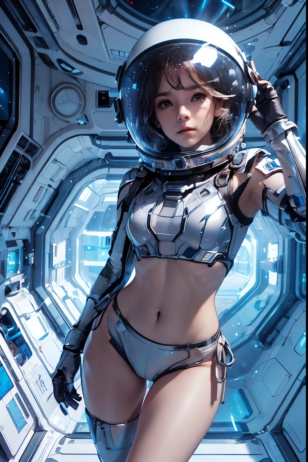 a girl in spacesuit, fully exposed midriff, bare waist,cowboy-shot, in outer space, desolate alien cold planet, Frosted,transparen space-helmet,Transparent full-face helmet ,((bikini top)),((metal Bikini armor)), sexy exposed midriff, full metallic armor, bare midriff and waist, open abdomen, fully exposed abdomen, cowboy-shot, realistic, photorealistic, high quality, 8k, extremely detailed, masterpiece, dynamic pose, dramatic lighting, cinematic, sci-fi, futuristic, vibrant colors