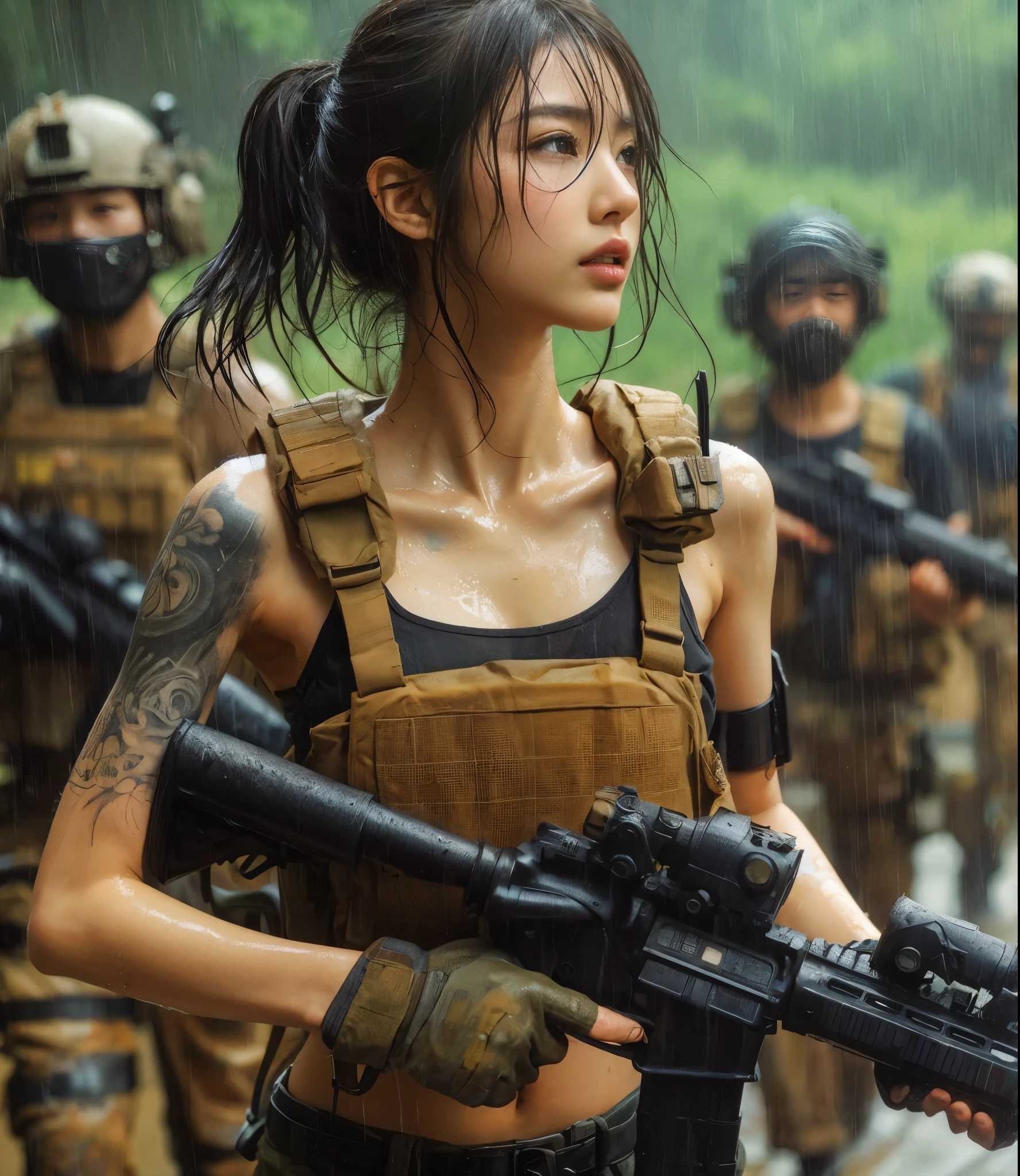 
8k,Realistic Photo、Realistic Skin Texture、Superrealism、Japanese women in the U.S. military、Searching for something in a mysterious abandoned factory、The concrete floor is cracked and wet.、Abandoned machinery is rusting and decaying.、Tattoo
