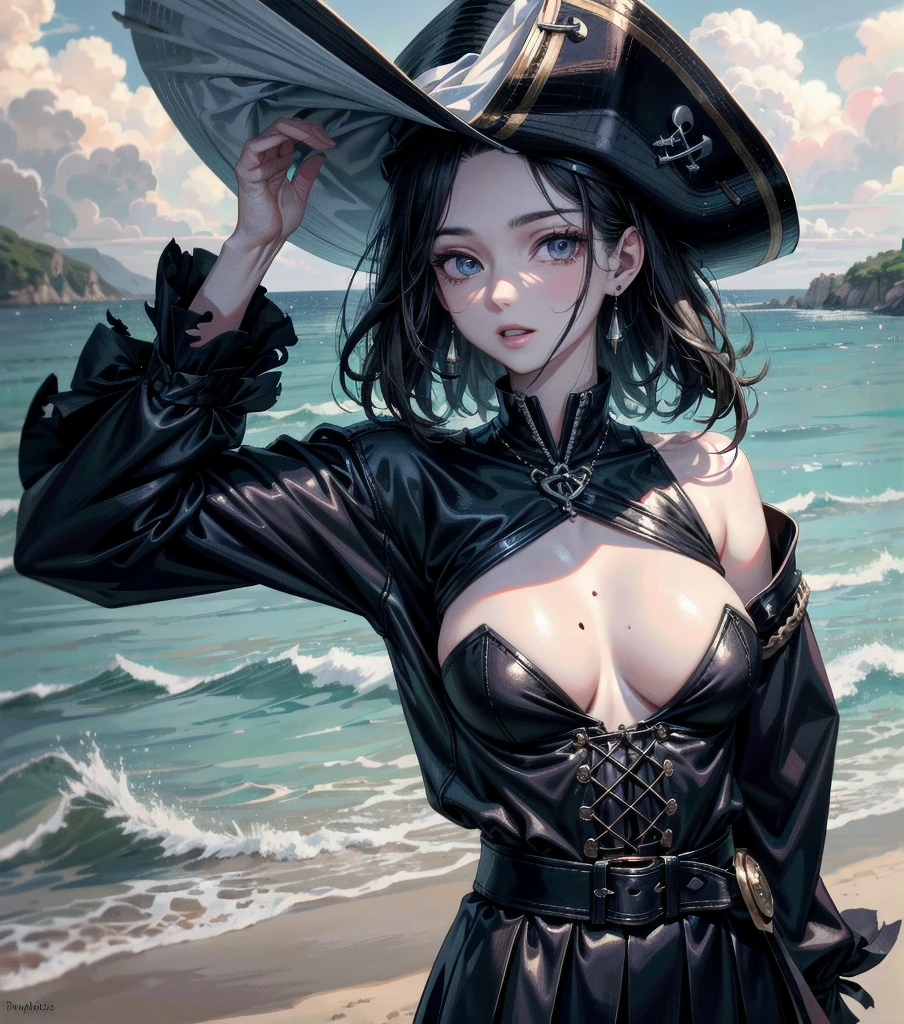 absurdres, RAW photo, extremely delicate, extremely beautiful, masterpiece, Best Quality, ultra high resolution, 32k, hyperrealistic, ultra-detailed description, perfect anatomy, pale skin, 20 years old, detailed beautiful face, detailed beautiful face eyes, tearful mole, earring, short medium hair, wavy hair, black hair, big tits, slim body, narrow waist, whole body, Practical pirate clothing, Long-sleeved pirate top, Skirt,Torn pirate hat, beach,