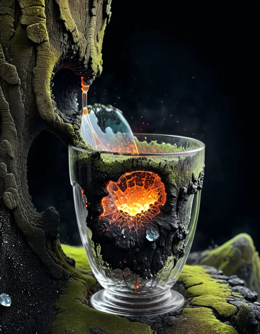 a glass cup with molten lava, shattered glass, black background, hyper realistic, 8k, (glowing milky white:1.25), vibrant energetic, highly detailed photographic style, tree bark, moss