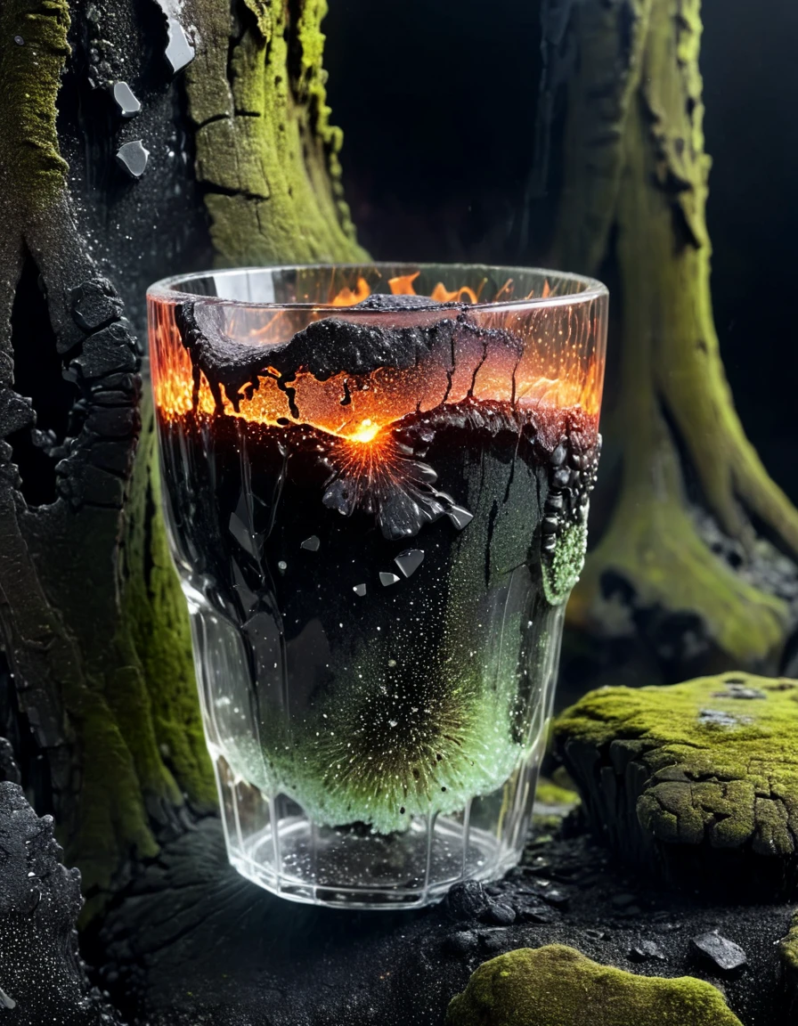 a glass cup with molten lava, shattered glass, black background, hyper realistic, 8k, (glowing milky white:1.25), vibrant energetic, highly detailed photographic style, tree bark, moss