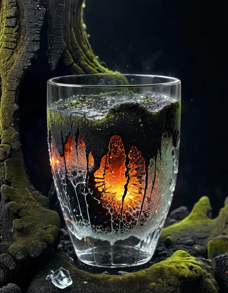 a glass cup with molten lava, shattered glass, black background, hyper realistic, 8k, (glowing milky white:1.25), vibrant energetic, highly detailed photographic style, tree bark, moss