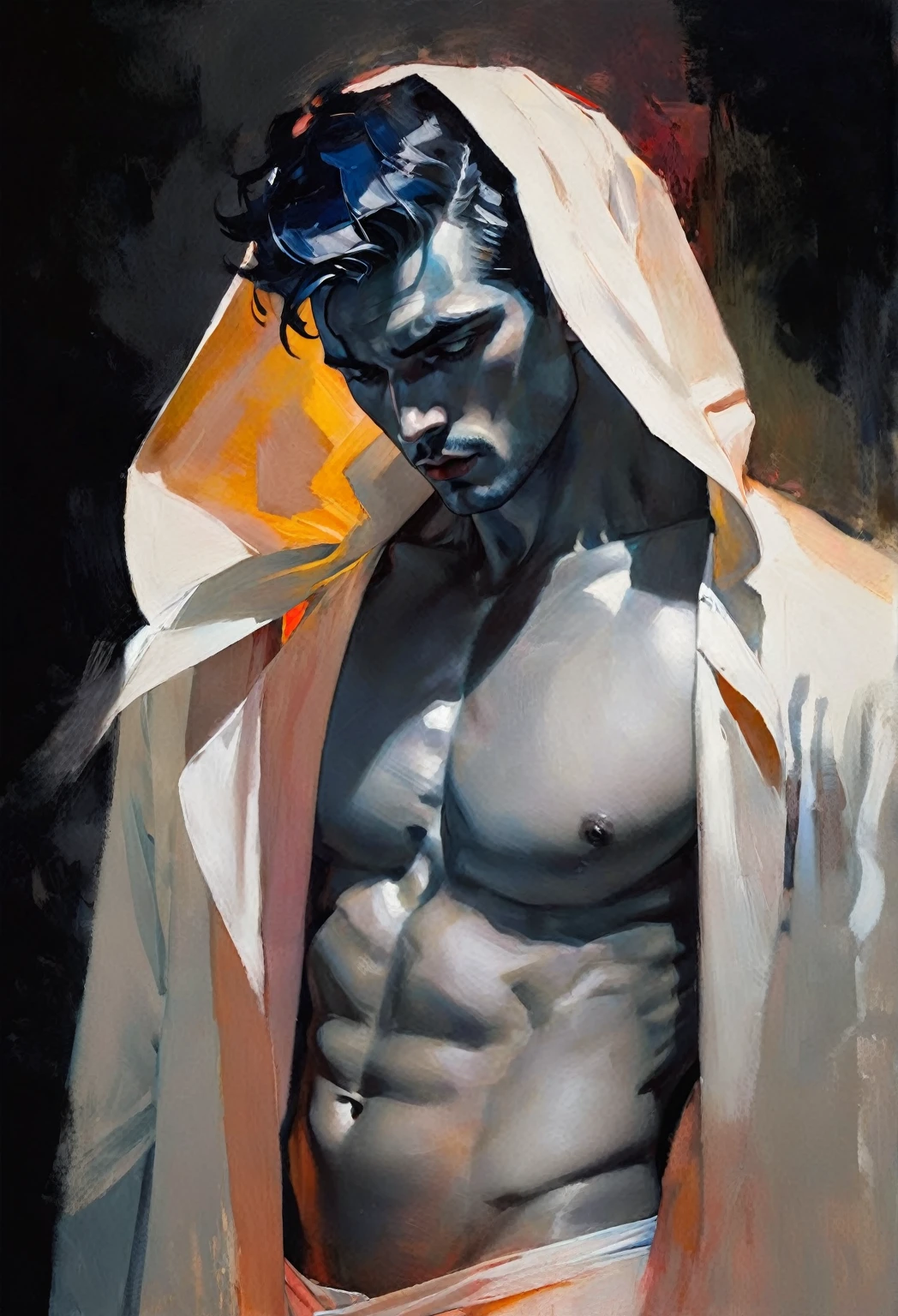 chiaroscuro technique on sensual illustration of an arafed man in white underwear, masculine, diegazio, male model, by Ludovit Fulla, model with attractive body, inspired by Ludovit Fulla, mid-shot of a hunky, the model draped in flowing, thick oil painting by Harumi Hironaka, extremely soft colors, vibrant, highly detailed, malcolm liepke painting, oil on canvas, high contrast, dramatic, refined, tonal, Create high contrast betweenght and shadow fire around, there is a red circle on a blue and red square, inspired by Bauhaus, in a shapes background, brown red blue, circle forms, red blue, by Leon Polk Smith, memphis abstract minimal art, graphic shapes, minimal art, blue and red, minimal art style, bauhaus art, inspired by El Lissitzky, bold simple shapes