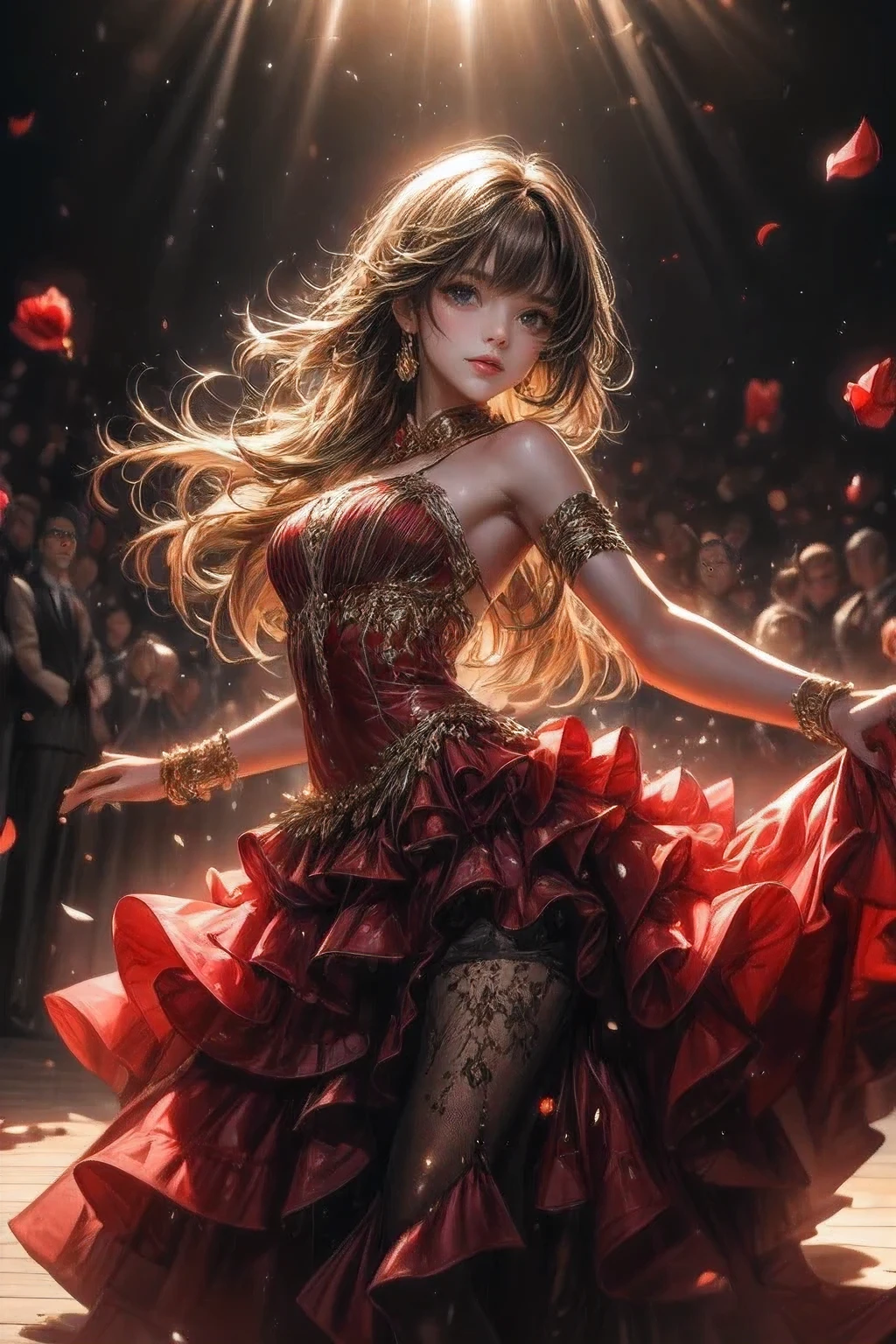 multiple exposure, fantasic illustration, masterpiece:1.2, highest quality, highres, 16k, beautiful detailed, ultra-realistic, photo realistic:1.37, beautiful and cute girl, dancing flamenco, holding a single rose in her mouth, growing glay eyes, shining pupils, blushed cheek, shiny rosy lips, beautiful delicate(hair, face, eyes, pupils, flamenco dress), full-body view