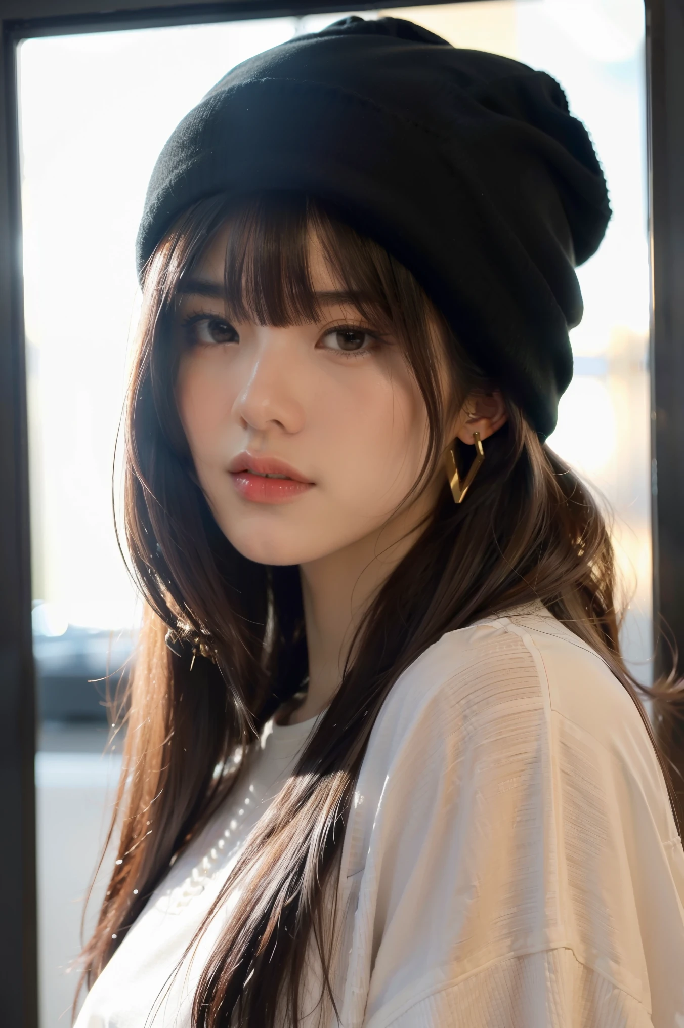 1girl, solo, long hair, black hair, written clothes, brown eyes, looking at the viewer, beanie, lips, upper body, closed mouth, shirt, earrings, https://i.postimg.cc/tCDfNDvp/Screenshot-20230606-212445.png