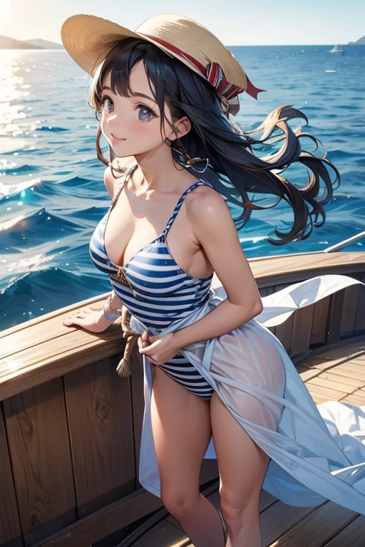 A woman standing on a sailboat deck, wearing a nautical striped swimsuit or cover-up. She’s holding onto the boat’s railing, with the open sea and clear sky in the background. Nautical details like ropes, a captain’s hat, or a lifebuoy enhance the scene. The sun is shining, creating a bright and adventurous atmosphere.