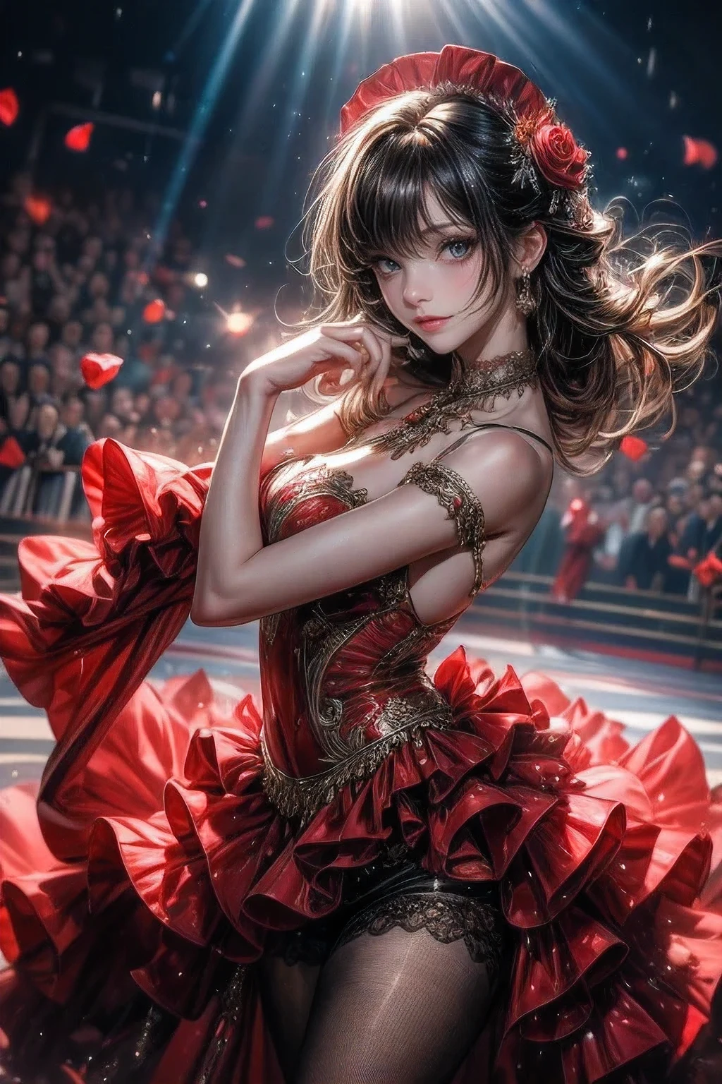 multiple exposure, fantasic illustration, masterpiece:1.2, highest quality, highres, 16k, beautiful detailed, ultra-realistic, photo realistic:1.37, beautiful and cute girl, dancing flamenco, holding a single rose in her mouth, growing glay eyes, shining pupils, blushed cheek, shiny rosy lips, beautiful delicate(hair, face, eyes, pupils, flamenco dress), full-body view