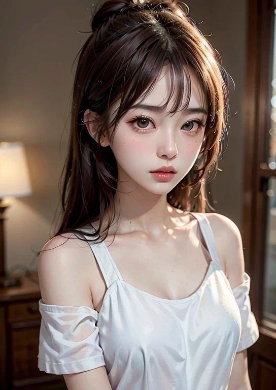 (((Upper body shot,Close-up photo)))、(((Shoulder-length brown straight hair,With bangs,Bun hairstyle)))、(((Against a light interior background)))、(((White summer chiffon shirt)))、18 years old、angry girl、D cup breasts、Protruding dot on chest、Light eye makeup、Ultra-realistic faces、High resolution 16K、Skin texture must be natural、Use natural light and color、 High-quality photos taken by model agencies.