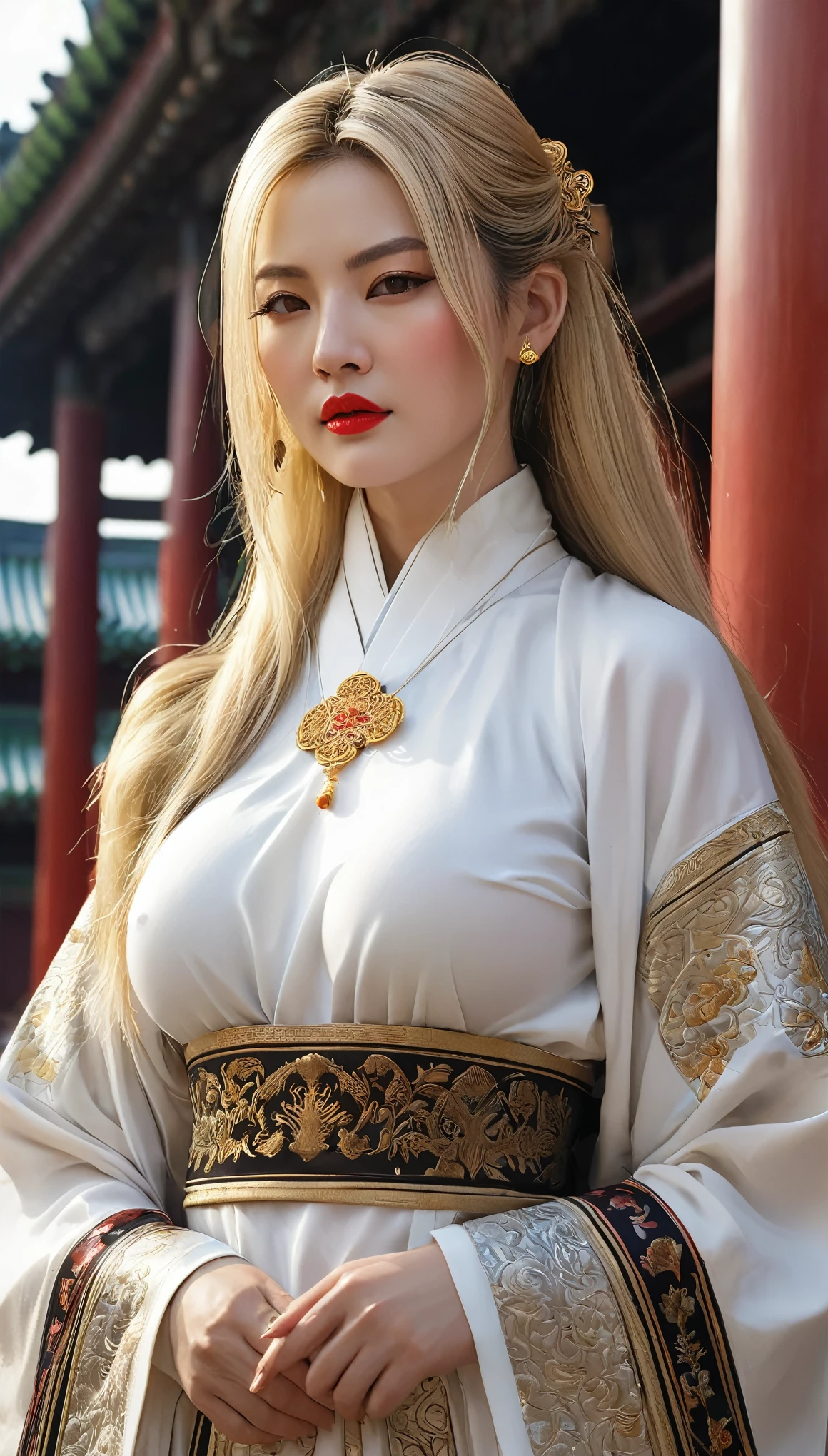 (((Hyper Real)))、(((A 30-year-old white female priest from ancient Europe)))、(((Beautiful female priest)))　Mature beautiful middle-aged woman、(((Big big boobs)))、Fine skin、Beautiful plump middle-aged woman、(Fine green eyes)、Blonde fluffy long hair、{(Ancient ornate and luxurious temple)、(Many torches are burning)}、(((Big big cleavage)))、Big Ass、Red lips、(((Luxurious pure white outfit and luxurious accessories)))、