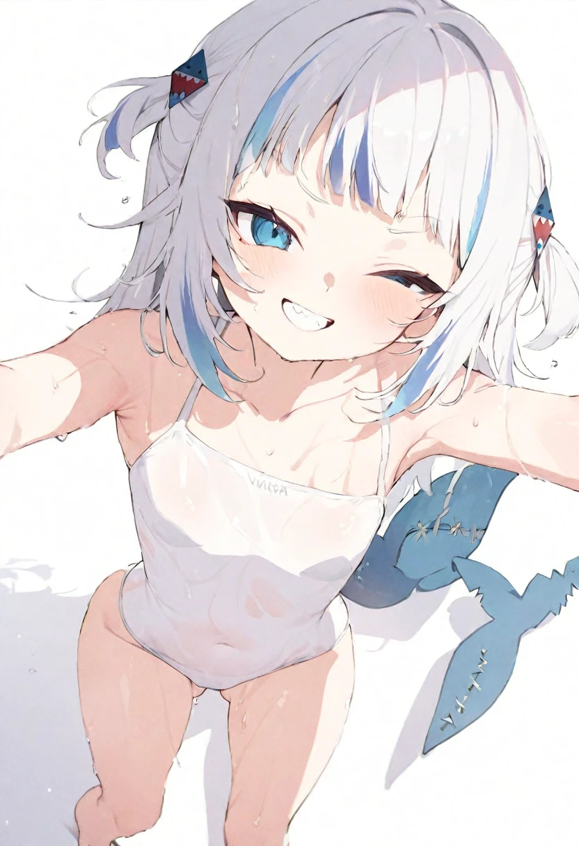 (masterpiece), (best quality), perfect face, beautiful girl, white background background, delicate and beautiful face and eyes, dark intense shadow,
1 girl, vtuber style, cool girl, hololive, Gawr Gura, white school swimsuit, wet body, small chest, cropped shoulders, clavicle, winking, smile, bare feet, chest visible through clothes, ass visible through thighs, (full body), looking at viewer, standing,