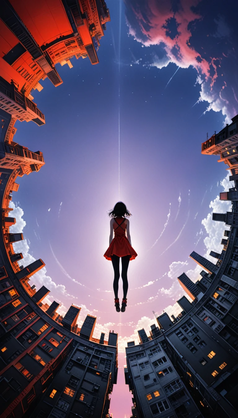 in style of Nick Veasey,(in style of Takeshi Obata:1.3),
a concept map of the scene,black urban silhouette on the ground,(red symmetrical urban silhouette upside down in the sky:1.2),fantasy surreal scenes,(1 girl solo:1.1),(symmetrical picture up and down:1.2),pale violet sky color,