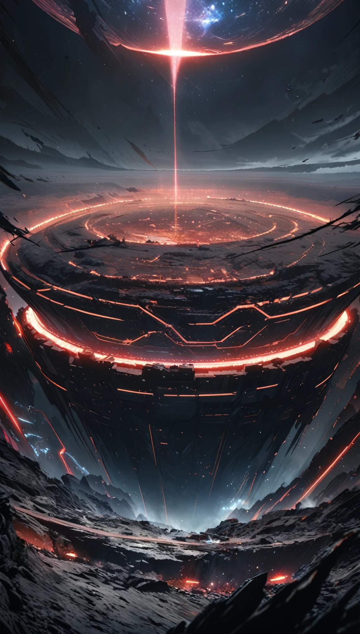 Anime aesthetics, huge hive-ship descending onto a dark, desolate planet surface, Hans Giger style, dark sky with red star in the distance, eerie and mysterious atmosphere, curved lines, sci-fi, beautiful scene, wide shot, from above, 16k, 8k, best quality, highres, high quality, high details, super detail, accurate, UHD.