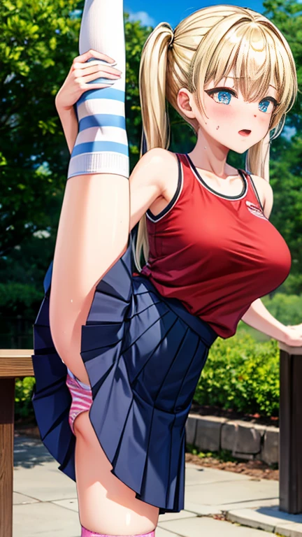 highest quality,1 girl,Big Breasts,orgasm,blush, Shut your mouth., Sweat,airi akizuki, Long Hair, blue eyes, Blonde Hair, Twin tails,skirt, Knee socks, Striped, Striped Knee socks, blue skirt, Exposing shoulders, shirt, sleeveless shirt, red shirt,((Lift skirt,no panty:1.1)),garden,((Standing Split:1.1)),Standing on one leg