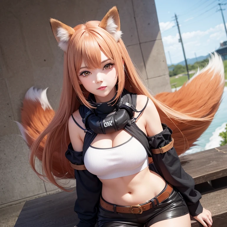 Fox Girl, Fox&#39;s Tail, Nine-Tailed Fox,Fox Ears, Black colored hair, Fox Makeup,One Girl、 Kimono with open chest, Body size is 100-70-90!、Nice body, Avatar, face, Open chest, lewd face, Dominant representation, naughty face,Big Breasts,Emphasize cleavage,Show bare skin、Skin is visible、With legs apart、Show off your thighs、With legs apart、A beautifully patterned kimono、I can see her cleavage、Muscular、Uplifting、Abdominal muscles、Exposed skin、Long Hair、Skin Texture、Soft breasts 、outside、Grassy field