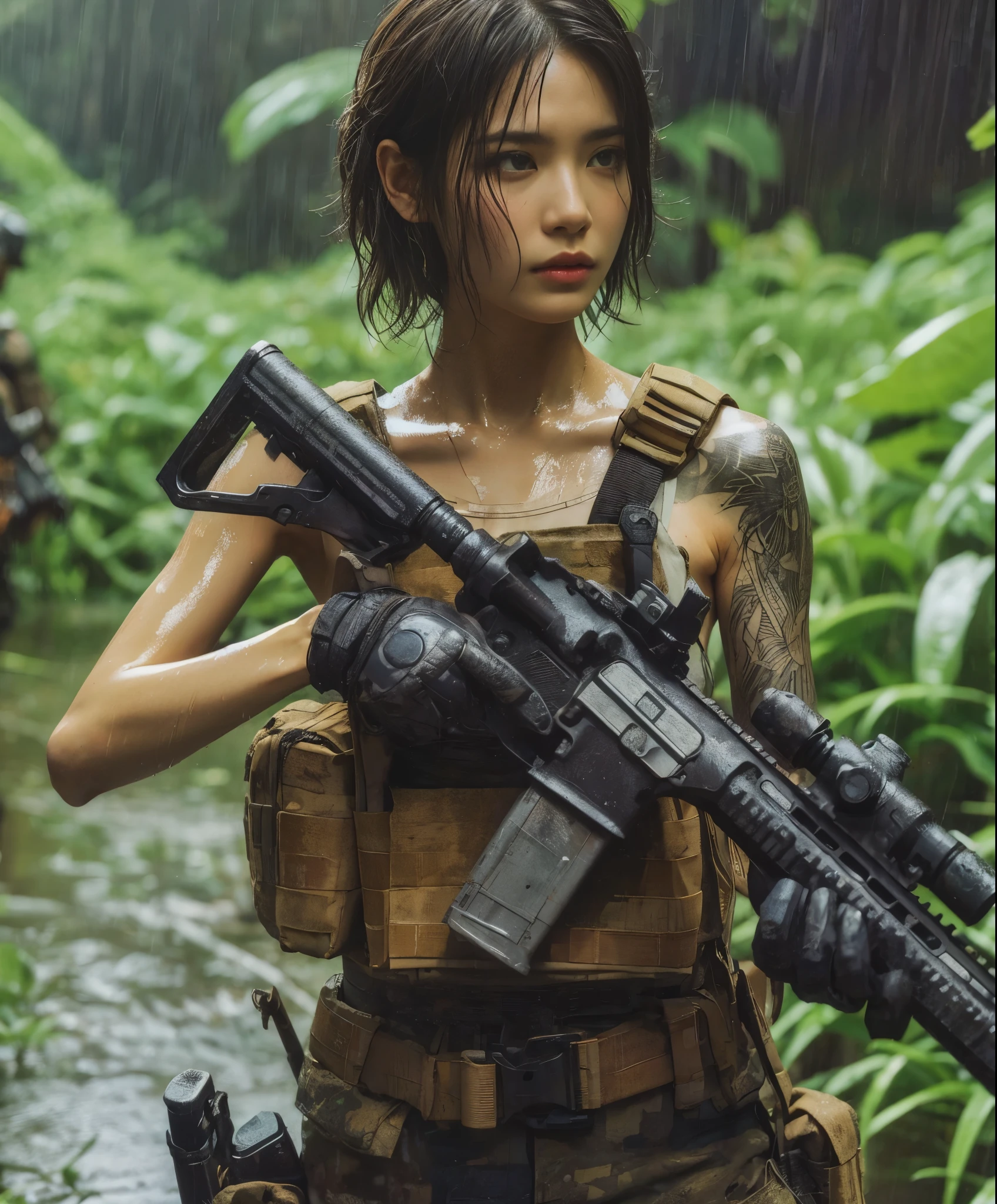 
8k,Realistic Photo、Realistic Skin Texture、Superrealism、Japanese women in the U.S. military、Searching for something in a mysterious abandoned factory、The concrete floor is cracked and wet.、Abandoned machinery is rusting and decaying.、Tattoo