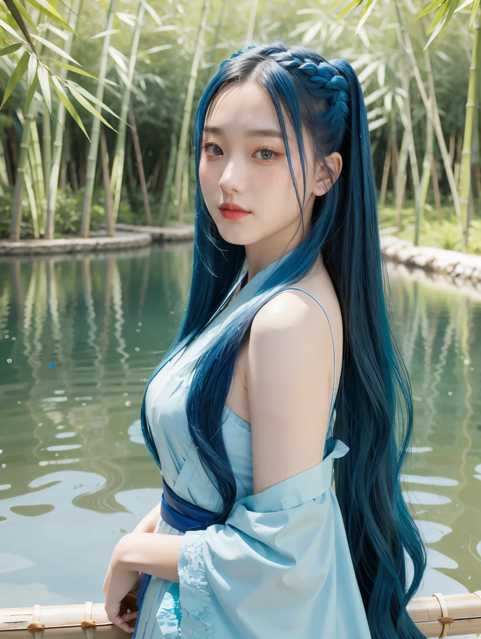 Masterpiece, Best Quality, Official Art, 8k Wallpaper, Very Detailed, Illustration, 1 Girl, Sky Blue Hair, Long Hair, Detailed Eyes, Forrest Gump, Bare Shoulders, Hanfu, Lake, Pure, Soft Smile, bamboo, tea