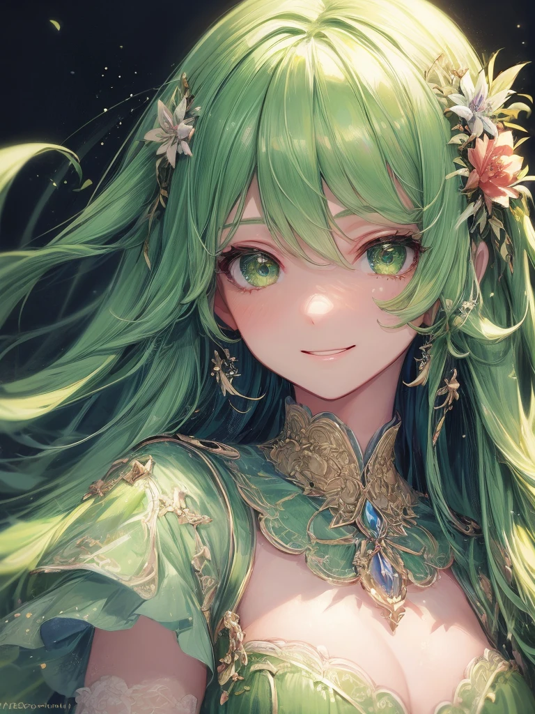 art by Cornflower,(masterpiece),(highest quality:1.2),(Perfect Anatomy),(1 Girl),Beautiful and detailed green eyes,Beautiful green hair,Cute green outfit,Layering,Beautiful smile,(Highly detailed elegant),Classic Style,Rich colors,Brush strokes,Vibrant texture, Detailed skin,Add a dramatic and symbolic element to your scene, Written boundary depth, Silky to the touch,Dynamic Composite,Delicate texture,Standing in a field of green plants and flowers,Warm lighting