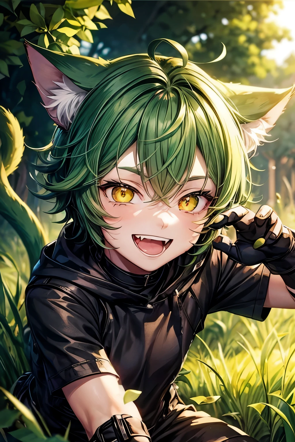 Boy, male , 10 years old, short green hair, cat ears, yellow eyes, dilated pupils, smile, fangs, mouth open, tongue out, forest, midnight, glowing eyes, uncover