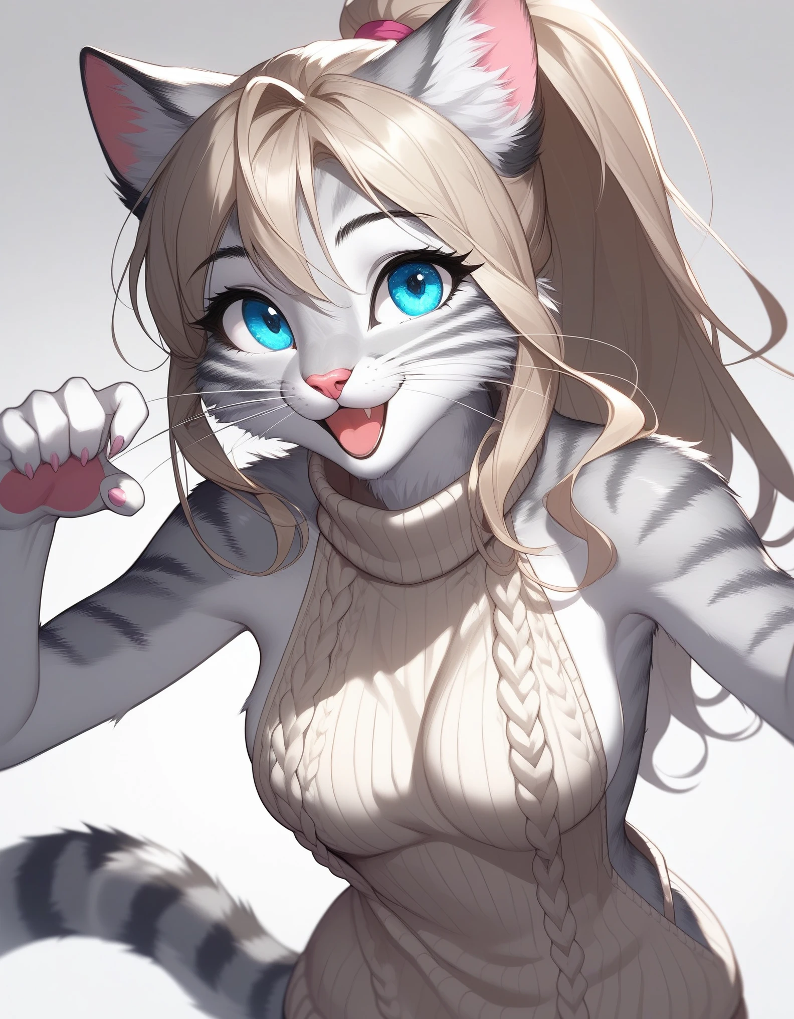 score_9,score_8_up,score_7_up, source_cartoon, source_furry, Kat, a cute Anthro furry feline girl, tall body, hourglass figure, adult female, blue eyes, :3, silver fur, long blonde hair, hair in a ponytail, white whiskers, pink nose, wearing pink virgin killer sweater, sexy pose, simple grey background, crawling towards viewer, kitty pose, 