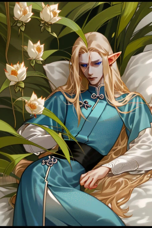 Male elf, with long blonde hair, closed blue eyes, small waist, resting in bed , flowers and plants around him.
Detailed donghua, chinese elaborate artwork style.