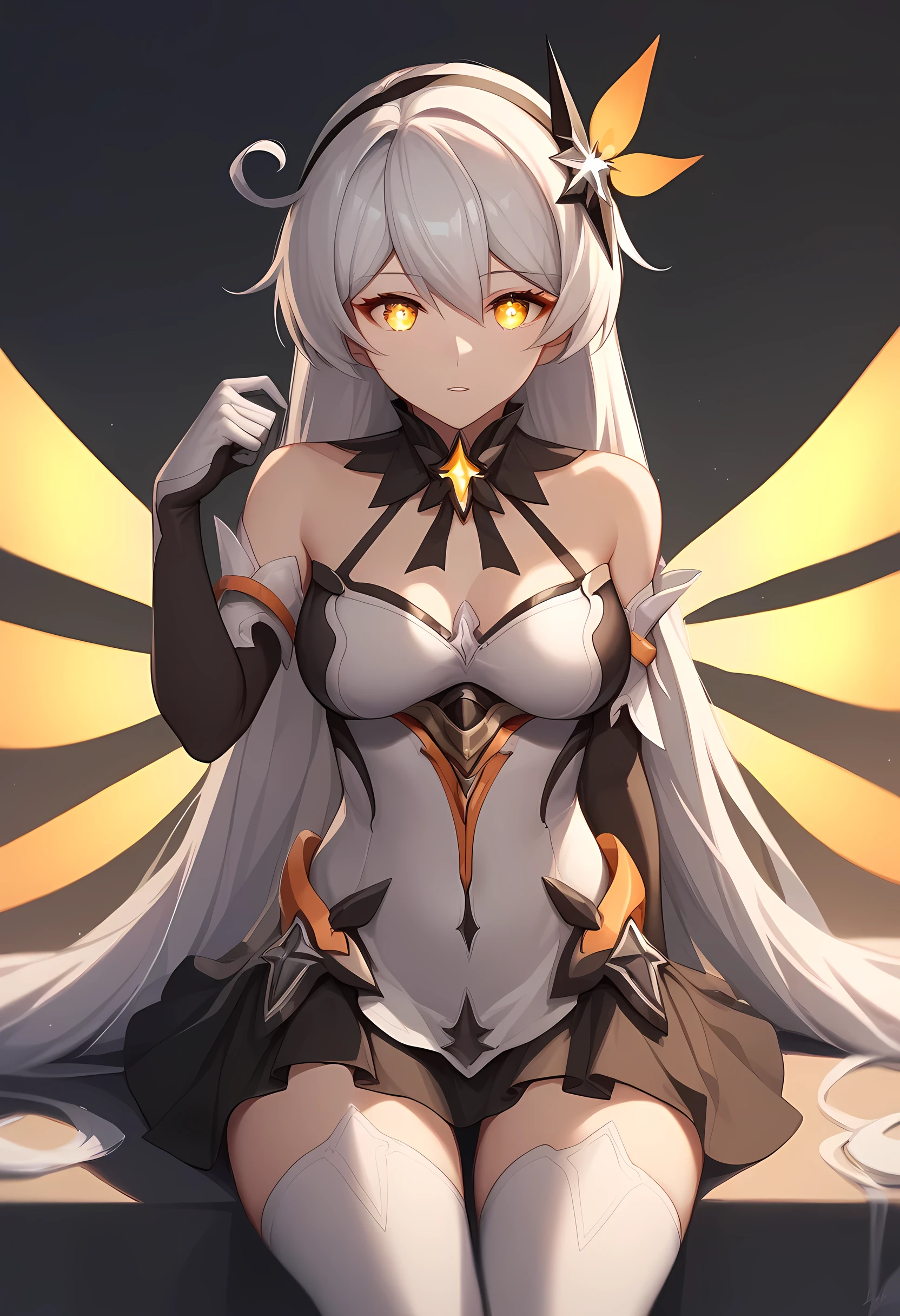 score_9,score_8_up,score_7_up,1girl, kiana_kaslana_\(herrscher_of_the_void\), solo, sitting, very_long_hair, white_hair, sidelocks, hair_ornament, large_breasts, medium_breasts, thighhighs, jewelry, spear, absurdres, depth_of_field, highres, armored_dress, bare_shoulders, commentary_request, dark_persona, diamond-shaped_pupils, elbow_gloves, energy_wings, floating_weapon, fur-trimmed_dress, hair_between_eyes, hand_on_own_head, light_particles, looking_at_viewer, parted_lips, snapping_fingers, yellow_eyes