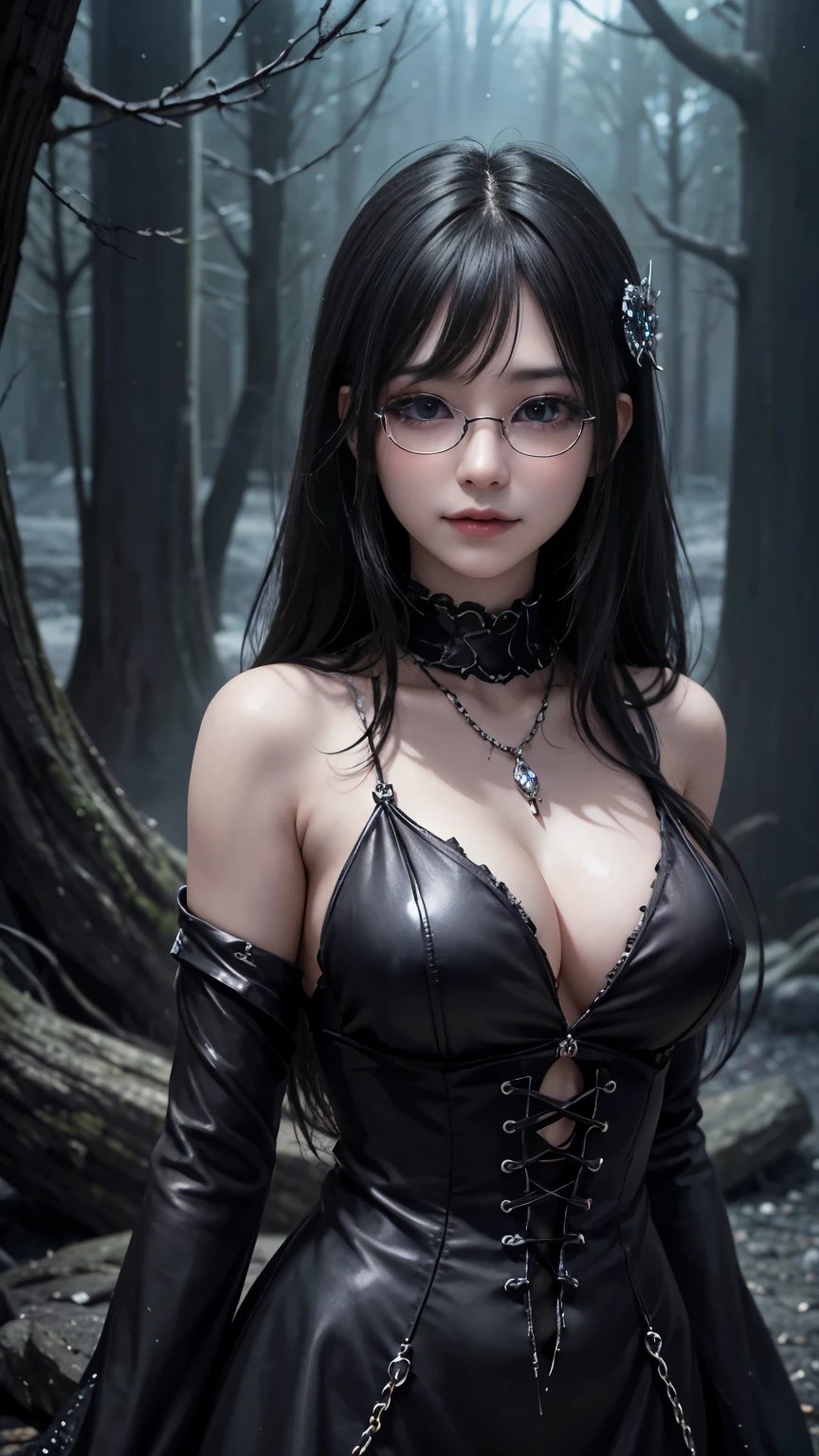 (highest quality,4K,8k,High resolution,masterpiece:1.2),Very detailed,(Realistic,photoRealistic,photo-Realistic:1.37), Close-up of a woman with dark hair and a black dress, Dark Eyes,an ominous笑顔,((((Glasses))))、((((big sapphire necklace))))、Evil Aura,Burning Flames,Soul Corruption,Dark Shadows,an ominous雰囲気,Strange symbols,Cursed Land,Eternal Darkness,Unforgettable Exists,Intimidating person,Grotesque features,Horror Scene,twisted reality,Scary atmosphere,A wonderful work of art,Evil Unleashed,Supernatural horror,Spooky art,nightmare fuel,Terrifyingly clear,Abstract fear,Terrifyingly beautiful,masterpiece,Fear incarnate,Shadow Chaos,Exists,to be born々Shii Darkness,in style of Dark Fantasy Art, Dark Fantasy Art, Beautiful and elegant queen of darkness, Dark Fantasy Art, fantasy dark art, Dark fantasy digital art, Gothic fantasy art, Gothic Dark Maiden, Detailed Texture,Spooky creatures,an ominous雰囲気,Mythical,Space horror,darkness,Mysterious,Dark aesthetic,Fog Background,Eyes of another world,Ancient Gods々々々々, Powerful wizard, MysteriousStanding in the woods. Flowing robes decorated with symbols, Arms stretched out, Powerful,Tentacles,Pitch black blackness,Majestic,Unfathomable depth,nightmare,The Exists of the universe,an ominousExists,seeping darknesss,Secrets of the Universe, (Spooky atmosphere), (((Dramatic Shadows), (Dynamic pose), ((Artistically expressed)), ((charm), (Gothic), (Mysterious Setting), (Moody color palette), (Skillfully drawn), (sense of unease), (Intricate details), (an ominous smile), (an ominous), (charm eyes), (Horror elements), (charm composition), (Impressive anatomy),(Striking contrast))), (Interesting character designs)、Dark Fantasy Portrait, Portrait of the Dark Goddess,