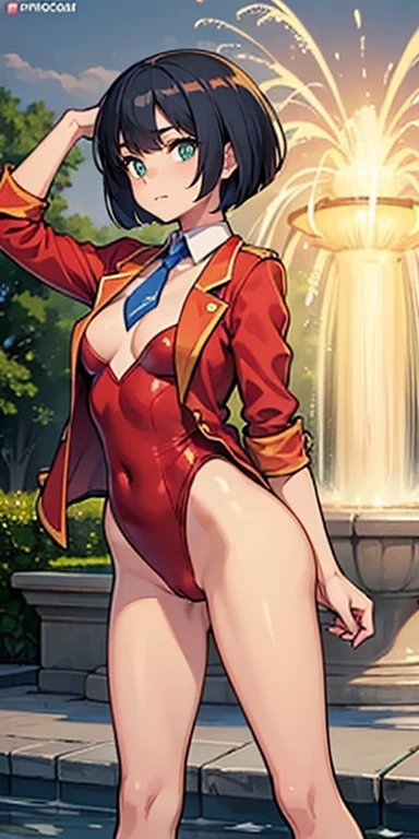 ((masterpiece)),((highest quality)),Accurate服装,((Beauty)),((Realistic painting))(((Red blazer:1.3))),(((Red vest:1.3))),(((Beige leotard:1.3))),((Flat Breasts)),((Thin thighs)), ((Blue High Socks)), ((A short silky bob that falls straight to shoulder length:1.3)), ((short hair towards the back of the head:1.3)),Dissatisfied look,blush with embarrassment, Dark green hair, (Long sleeve white shirt), (Blue tie), Loafer shoes, high school student,expensive,Soft Skin, Nice big dark green eyes (High Detail Eyes). uniform, Teenage Girl, Park with a fountain, Date,( Colorful splashes) ,Colorful Bubbles, Floating water droplets, perspective, Overhead Configuration, Flare, Outstanding Features, Perfect Anatomy Tommy, Centered, Perfect distance, Very detailed, Complex, Accurate, Very detailed rich colors, taming, Rich colors, Accurate, clean, Rich colors, Exquisite details, Golden ratio illustrations