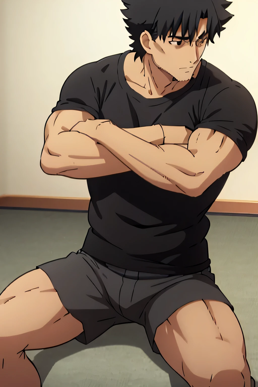 Kiritsugu is sitting and flexing his biceps. He wears black short boxershorts. You can see his thighs. He wears a black tshirt with short sleeves. His right sleeve is completely rolled up so you can see his entire arm and shoulder. He is showing his abs too. He is admiring his arms.