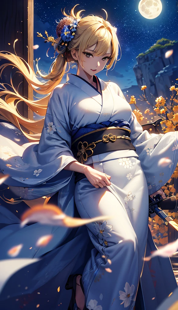 masterpiece, high quality, 4K, Beautiful design, silhouette，blonde， 非常に詳細な夜のStarry Sky,Flower Field， wonderful, Finer details,  Very knowledgeable woman, Highly detailed solo, 1 female,Big Breasts，Yukata in white color，Night view，Starry Sky，full moon，