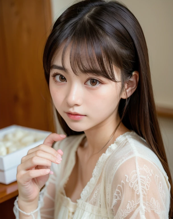 highest quality, Face Focus, Soft Light, Ultra-high resolution, (Realistic:1.4), RAW Photos,
1 Japanese girl, alone, cute, (pupil, Light in your eyes),  Beautiful face in every detail, (Small box),(High resolution detail of human skin texture),
(Long Hair),
indoor,
Damask Shirt Dress,
