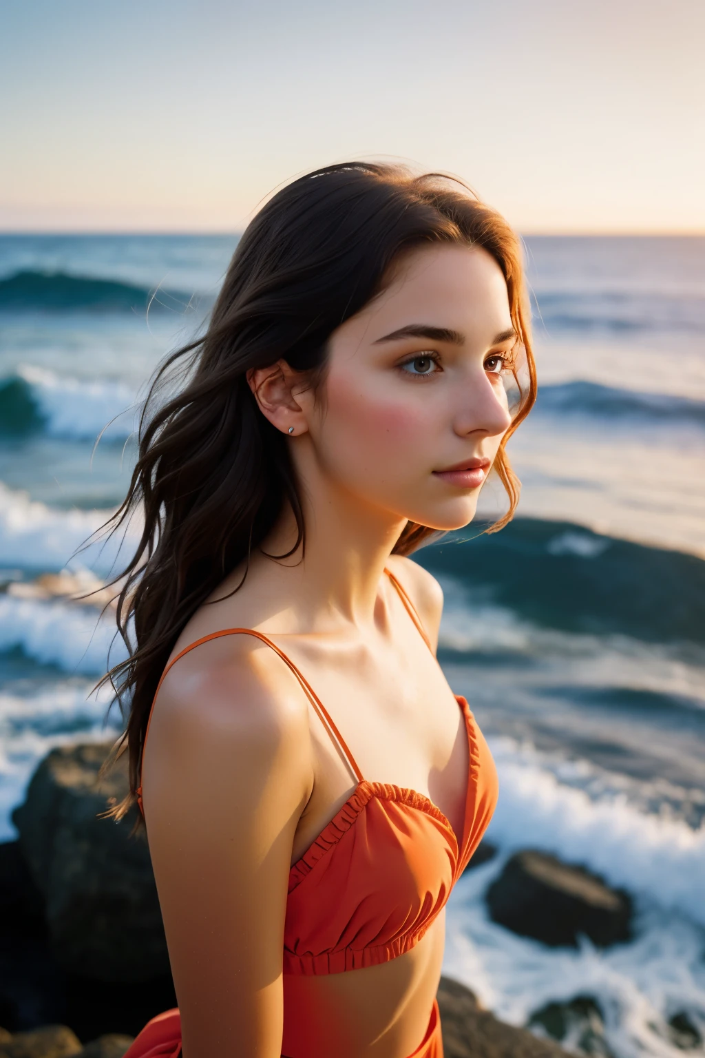 Photography Style: High Definition, Delicate Portraiture

A mesmerizing 24-year-old brunette stands proudly upon a coastal rock, capturing the breath-taking beauty of nature and her own radiance through a digital camera. She is adorned in a vibrant orange two-piece, embodying carefree elegance and confidence. The breathtaking waves crash behind her, adding a touch of drama to the delicate portrait.

Shot in stunning 8K resolution, the scene is bathed in beautiful light, showcasing every detail of the young woman and the serene landscape. The delicate skin texture is highlighted, with a gentle hint of (blush: