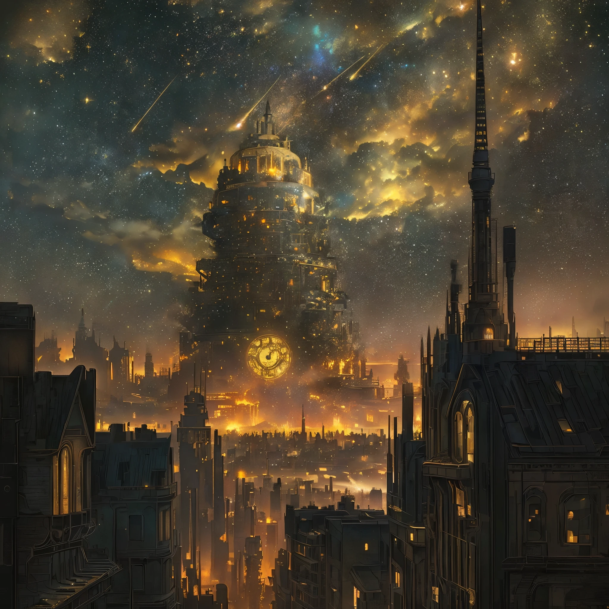 Starry sky with city and lots of smoke, Golden steampunk city atmosphere, Steampunk Cityscape, Steampunk city in the background, Steampunk city background, Victorian steampunk city view, Doomsday City, Post-apocalyptic atmosphere, Highly detailed digital artwork, Science fantasy painting, Post-apocalyptic perspective, post - Doomsday City, Matte Painting Comic Art, detailed atmospheric and gritty