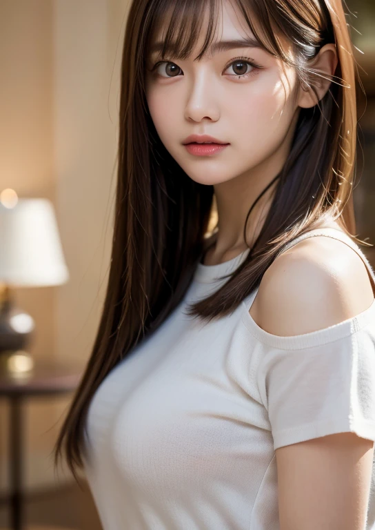 (((Upper body shot，Close-up photo)))、(((Shoulder-length brown straight hair，With bangs，Bun hairstyle)))、(((Against a light interior background)))、(((White shirt)))、18 years old、angry girl、D cup breasts、Protruding dot on chest、Light eye makeup、Ultra-realistic faces、High resolution 16K、Skin texture must be natural、Use natural light and color、 High-quality photos taken by model agencies.