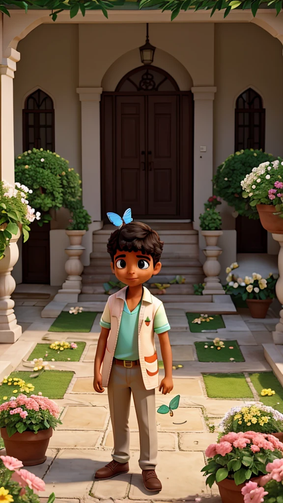 Courtyard of the house: Rahul placed the butterfly on a flower, taking care of it.