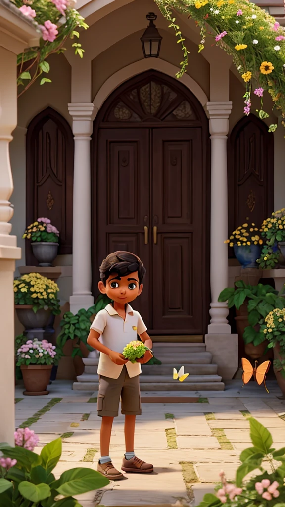 Arnav smiling contentedly as he tends to the flourishing garden.