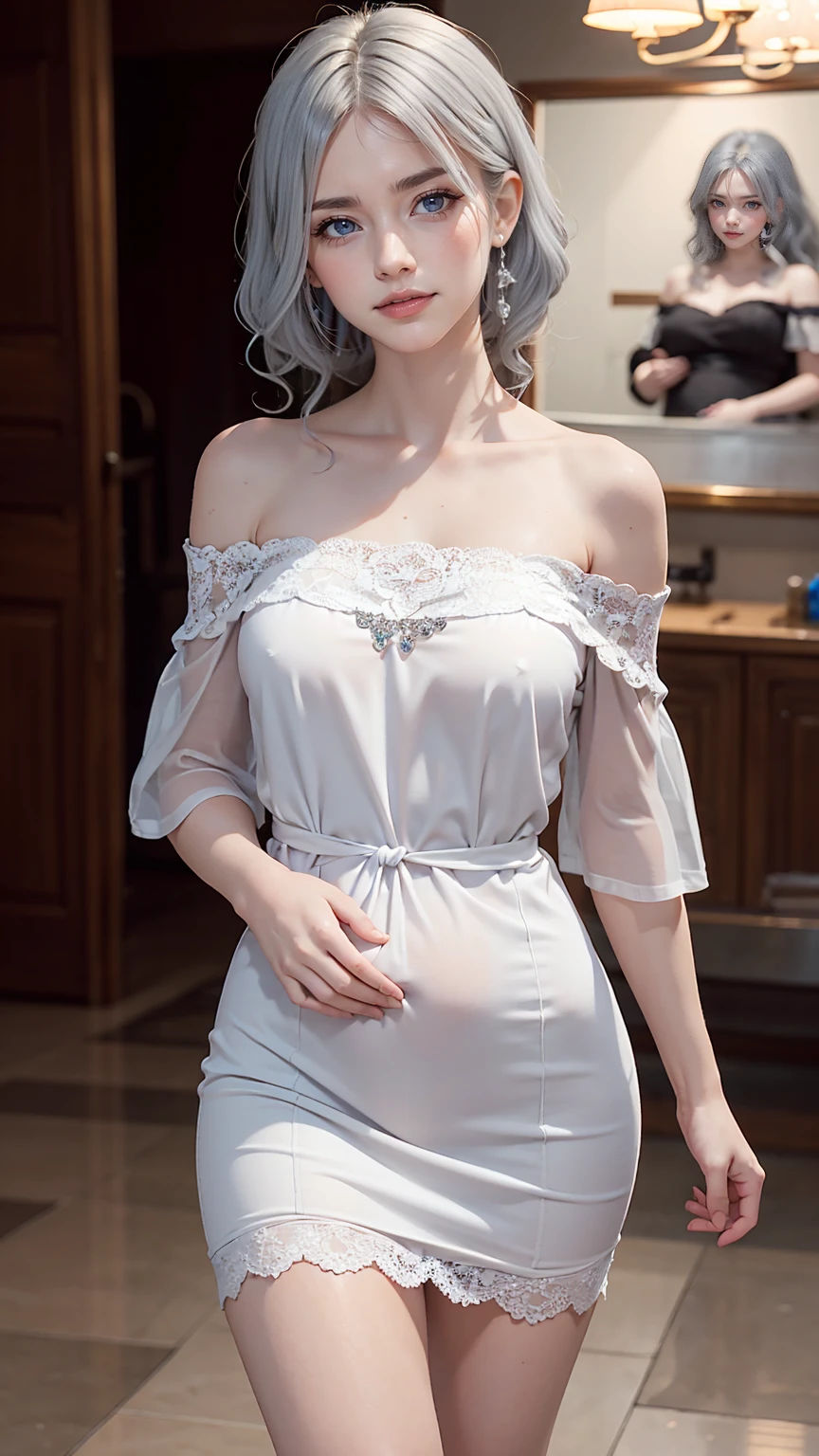 24 year old Caucasian female、blue eyes、Silver Hair、Straight Hair、Hair becomes wavy、Sexy proportions、Narrow waist、Hips for easy childbirth、Wear an off-the-shoulder lace dress、smile、