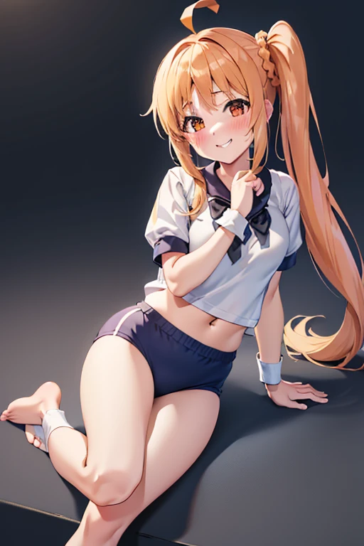 (Tabletop), highest quality, High resolution, 4K, One Girl, alone, blush、smile、Nice hands, 1 in, Side Ponytail, Long Hair, Ahoge, (Navy blue cuffs and white short-sleeved gym uniform)、(Bloomers are bikini type)、(
barefoot)、Navy blue socks、大きなsmile、Ground、Schoolyard、Sexy pose