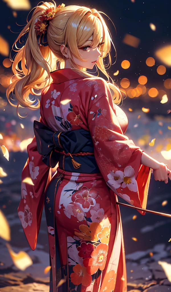 masterpiece, high quality, 4K, Beautiful design, silhouette,blonde, 非常に詳細な夜のStarry Sky,Flower Field, wonderful, Finer details, Very knowledgeable woman, Highly detailed solo, 1 female,Big Breasts,Red color yukata,Night view,Starry Sky,Fireworks in the background,