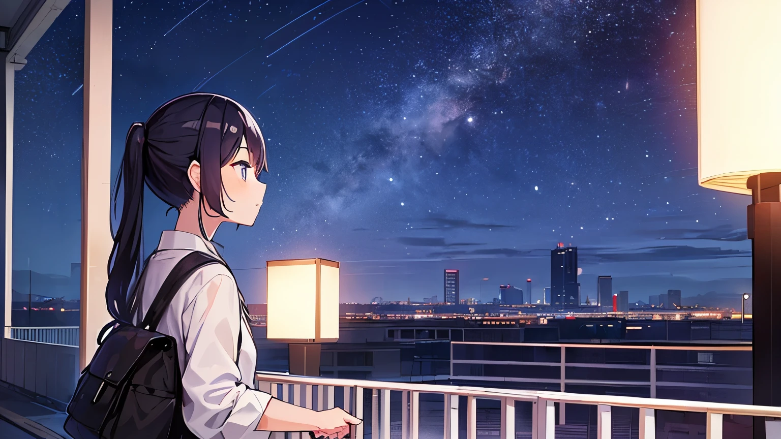 June rainy season、Around 10pm in a city with many buildings。A female student with a ponytail stops and looks up at the sky。She is wearing a 、While holding a bag、The clouds cleared and the stars were clearly visible、、I am fascinated by the beauty of the night sky.。