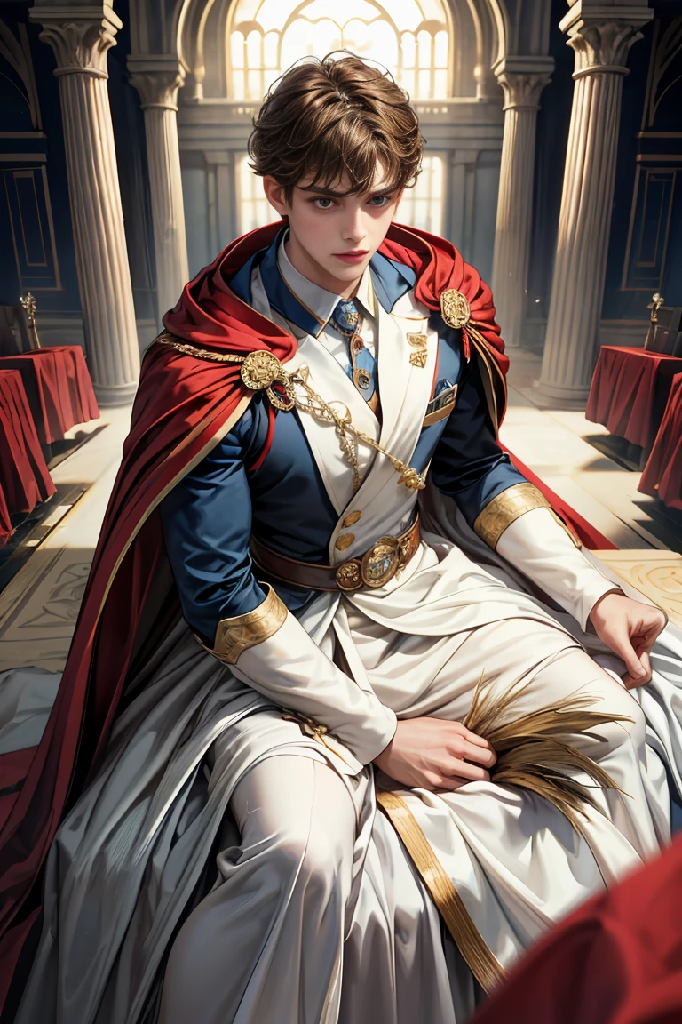masterpiece, 最high quality, high quality, 1 boy, alone, Male focus, Watching the audience, Messy brown hair, Adorable big blue eyes, White, Noble, Noble, Sexy voluminous cape、A very voluminous, large, very large, very large, long, long red and black cape with a high stand-up collar, reaching down to the floor, made of a lot of fabric., ,Cute beautiful boys,Cute, cute, kind, handsome guy