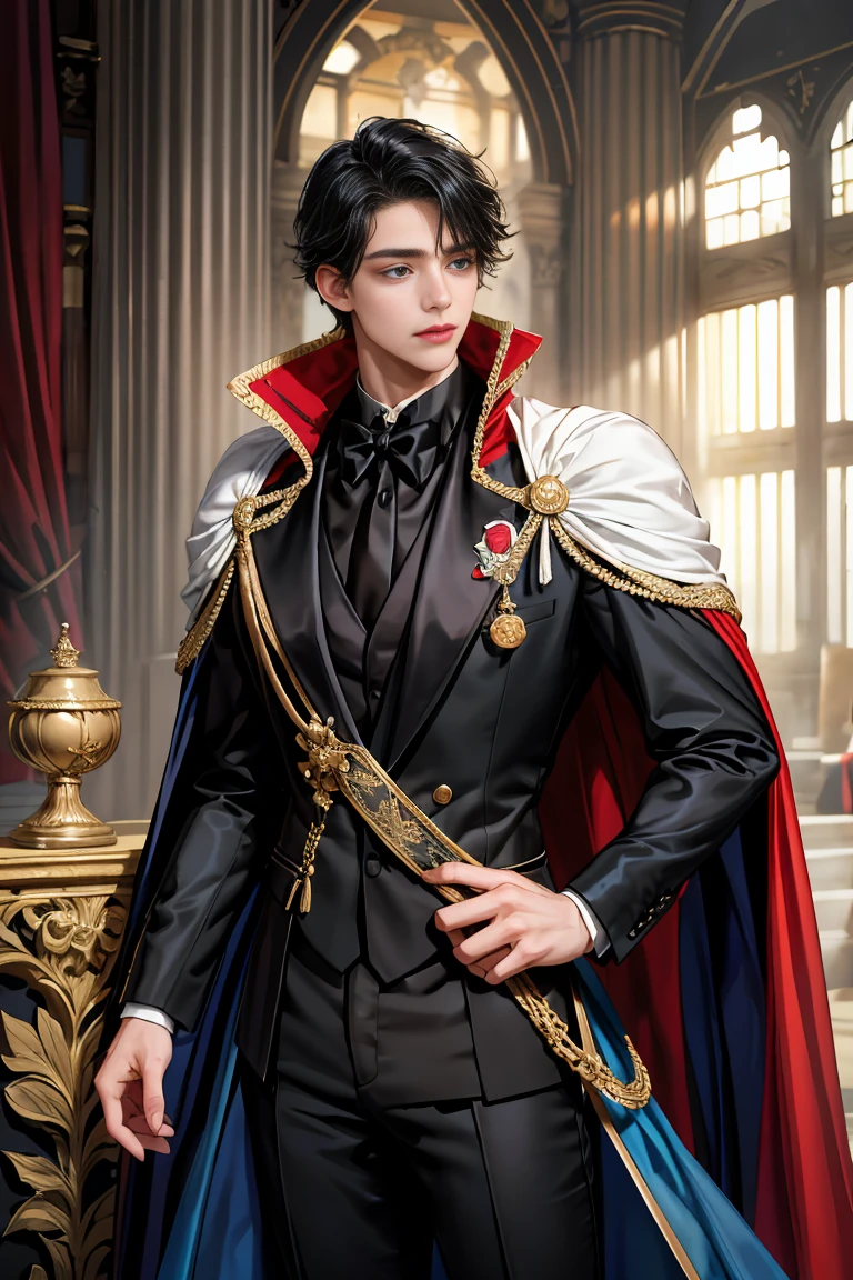 
masterpiece, 最high quality, high quality, 1 boy, alone, Male focus, Watching the audience,  Messy black hair, Adorable big blue eyes, White, Noble, Noble,Sexy voluminous cape、Tuxedo、A very voluminous, large, very large, very large, long, long red and black cape with a high stand-up collar, reaching down to the floor, made of a lot of fabric., 17 years old,Cute beautiful boys,Cute, cute, kind, handsome guy