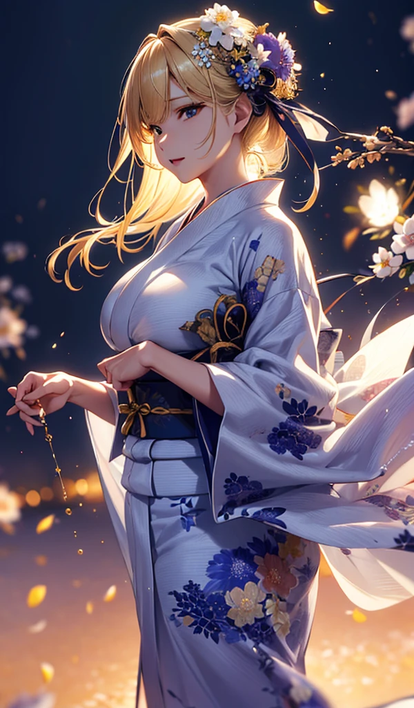 masterpiece, high quality, 4K, Beautiful design, silhouette,blonde, 非常に詳細な夜のStarry Sky,Flower Field, wonderful, Finer details, Very knowledgeable woman, Highly detailed solo, 1 female,Big Breasts,Yukata in white color,Night view,Starry Sky,full moon,