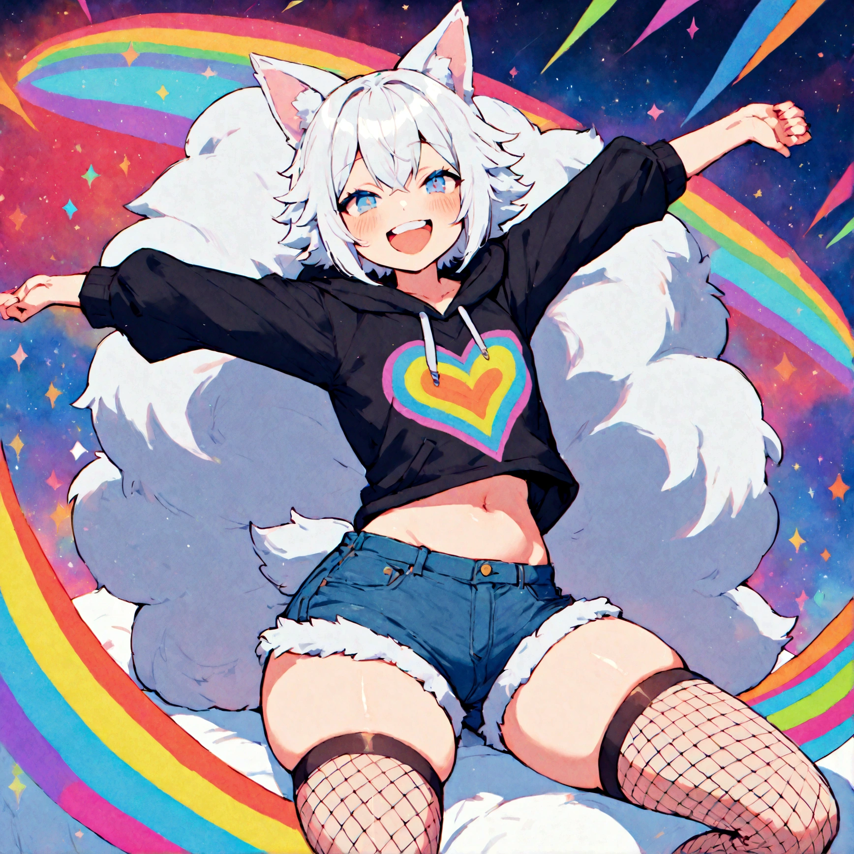 a cute adult male with wolf ears, white hair, has a wolf tail, wearing a loose cropped oversized black hoodie, wearing a pair of denim short shorts and thigh high fishnet stockings, thick thighs, wide , relaxing on mound of fluffy multi colored kawaii plushies, short, very slim, showing slender tummy, stretching out, heart on hoodie, squishy thighs, has glowing blue eyes. alone, solo (ALONE)(SOLO), surrounded by rainbows, colorful galaxy backround, mouth wide open grin, very happy, excited, nice 