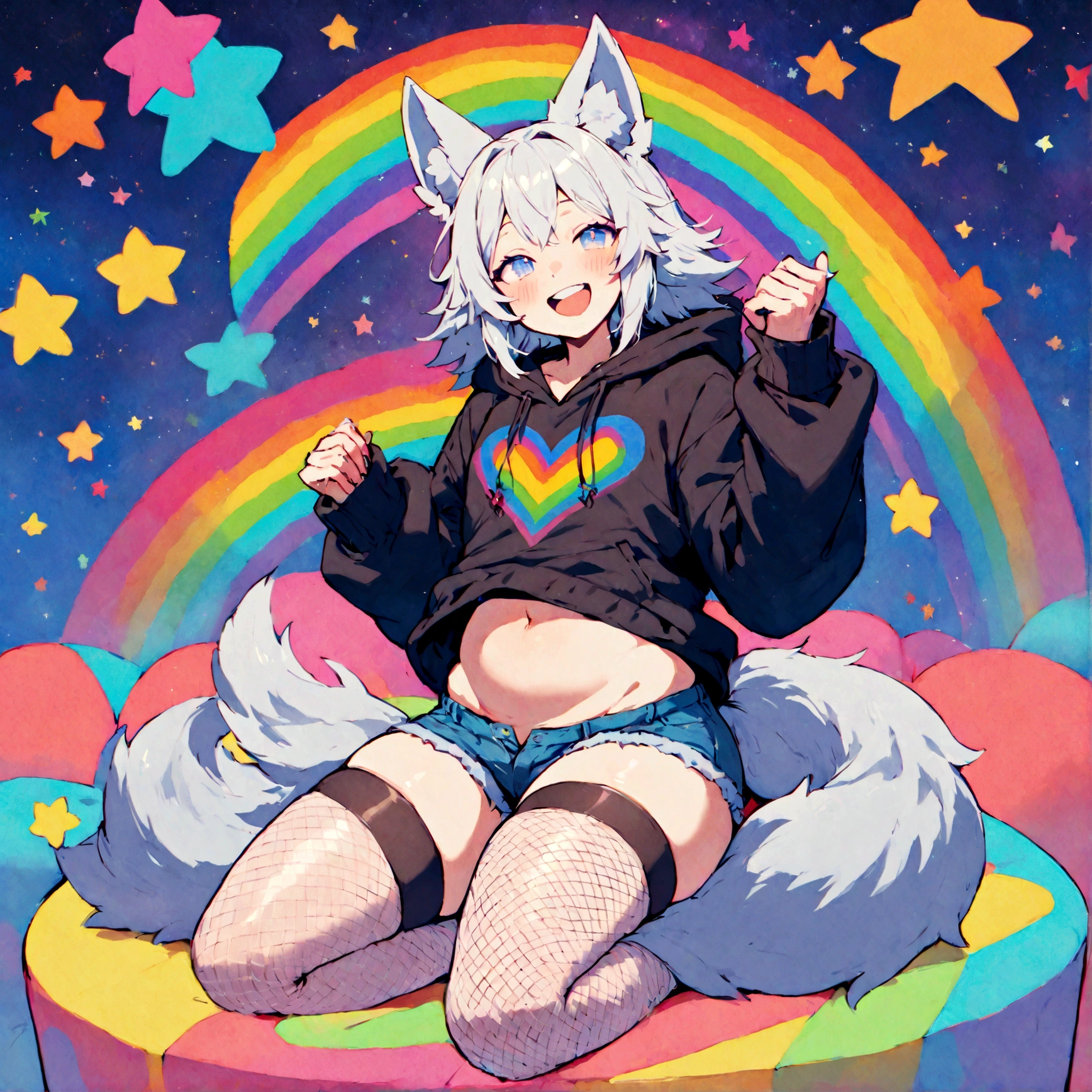 a cute adult male with wolf ears, white hair, has a wolf tail, wearing a loose cropped oversized black hoodie, wearing a pair of denim short shorts and thigh high fishnet stockings, thick thighs, wide hips, relaxing on mound of fluffy multi colored kawaii plushies, short, very slim, showing slender tummy, stretching out, heart on hoodie, squishy thighs, has glowing blue eyes. alone, solo (ALONE)(SOLO), surrounded by rainbows, colorful galaxy backround, mouth wide open grin, very happy, excited, nice butt