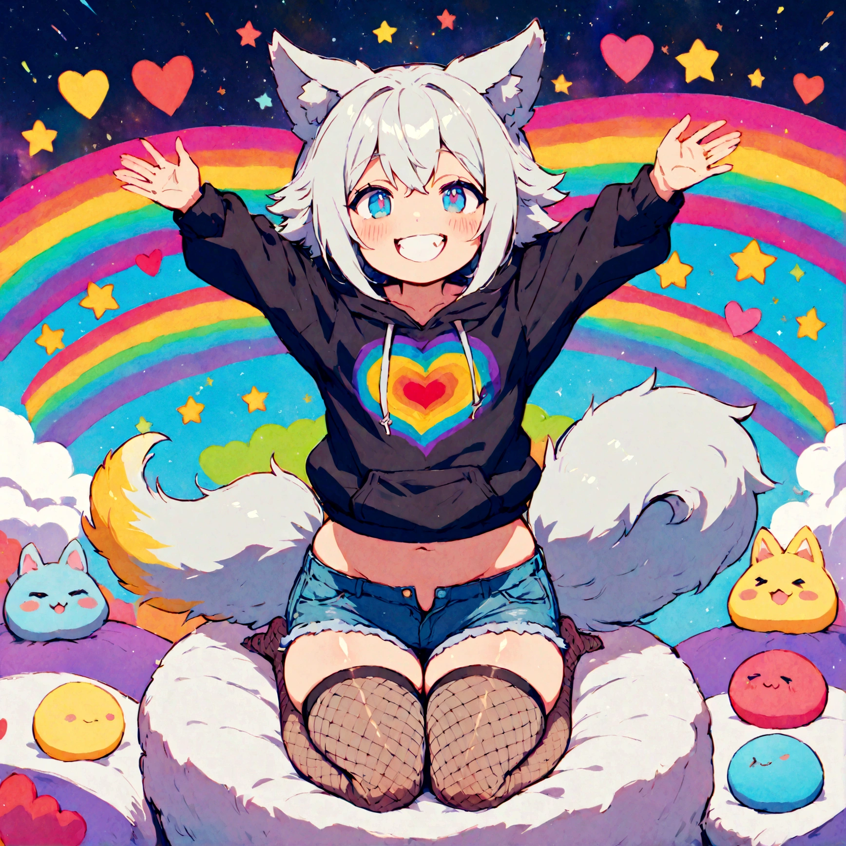 a cute adult male with wolf ears, white hair, has a wolf tail, wearing a loose cropped oversized black hoodie, wearing a pair of denim short shorts and thigh high fishnet stockings, thick thighs, wide hips, relaxing on mound of fluffy multi colored kawaii plushies, short, very slim, showing slender tummy, stretching out, heart on hoodie, squishy thighs, has glowing blue eyes. alone, solo (ALONE)(SOLO), surrounded by rainbows, colorful galaxy backround, mouth wide open grin, very happy, excited, nice butt