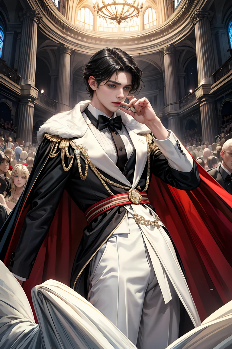 
masterpiece, 最high quality, high quality, 1 boy, alone, Male focus, Watching the audience,  Messy black hair, Adorable big blue eyes, White, Noble, Noble,Sexy voluminous cape、Tuxedo、A very voluminous, large, very large, very large, long, long red and black cape with a high stand-up collar, reaching down to the floor, made of a lot of fabric., 17 years old,Cute beautiful boys,Cute, cute, kind, handsome guy