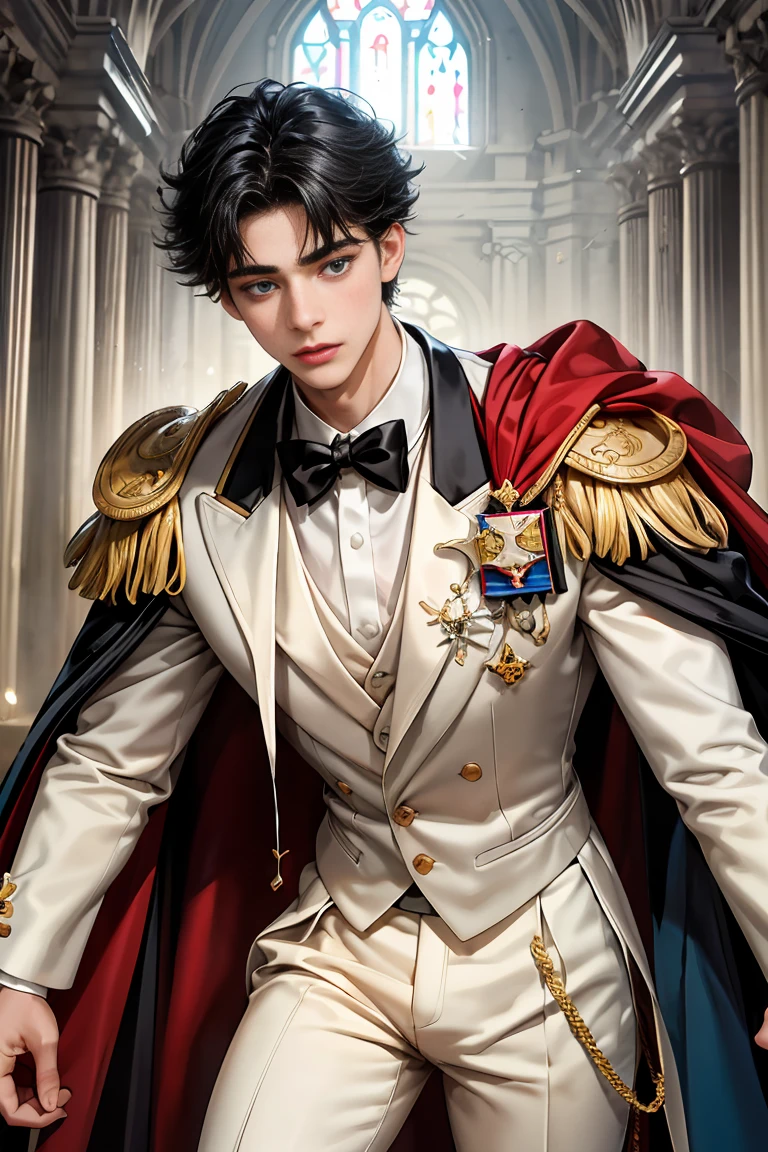 
masterpiece, 最high quality, high quality, 1 boy, alone, Male focus, Watching the audience,  Messy black hair, Adorable big blue eyes, White, Noble, Noble,Sexy voluminous cape、Tuxedo、A very voluminous, large, very large, very large, long, long red and black cape with a high stand-up collar, reaching down to the floor, made of a lot of fabric., 17 years old,Cute beautiful boys,Cute, cute, kind, handsome guy