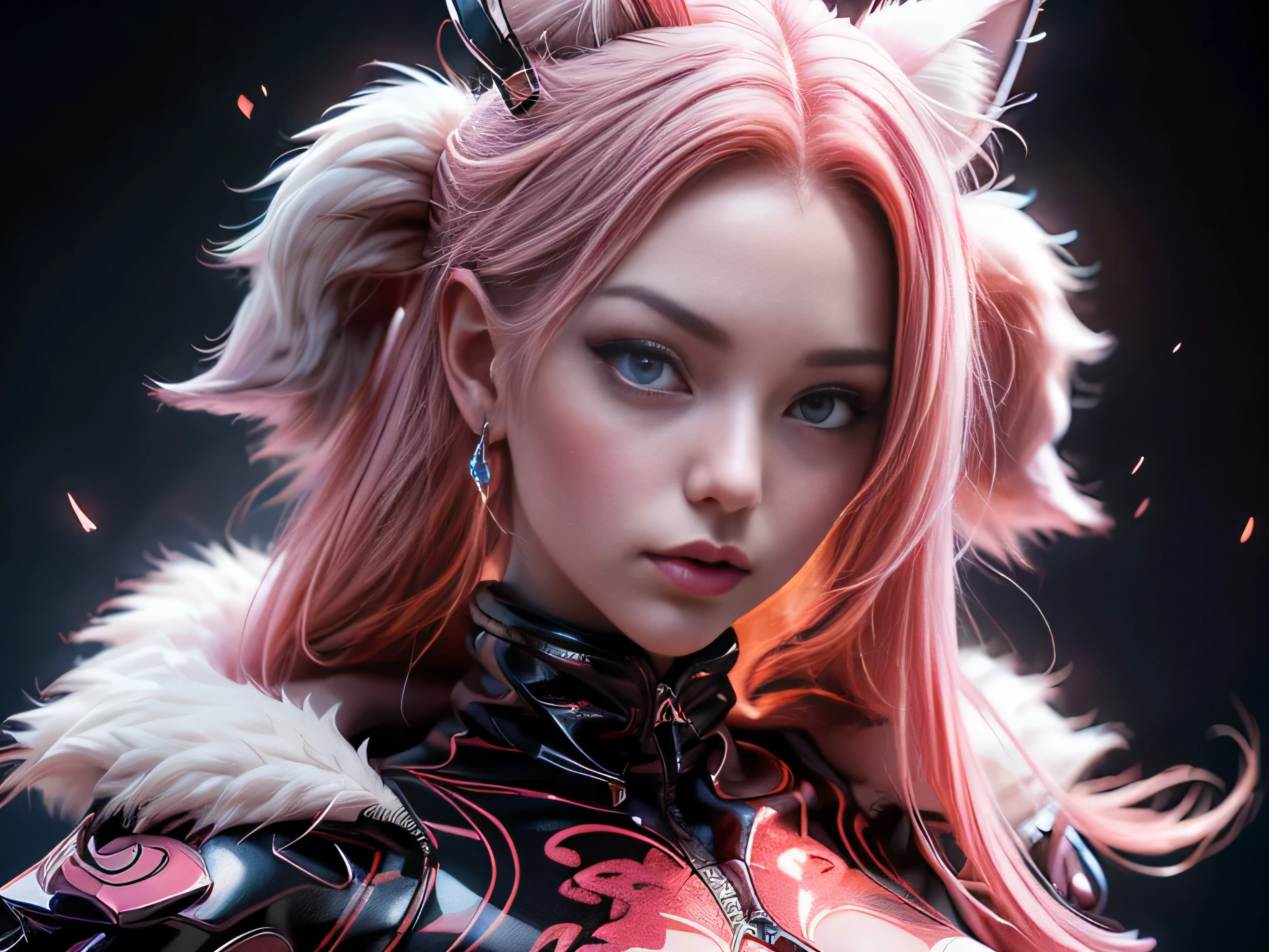 (Best Quality, 8K, Masterpiece, HDR, Soft Lighting, Picture Perfect, Realistic, Vivid), Nine tails of snow white fox(1.0), milk fox tail(1.0), nine tailed fox, anime girl with pink hair and pink, dressed in sexy leather suit, beautiful fantasy anime, very beautiful and cute fox girl, pink flower rain, background blur, anime fantasy, work in the style of Gouves, realistic:1.37, view from above, lies in pink flowers, horizontal view, (ultra high quality fantasy art), masterpiece, male model, ultra high quality female character designs, anime art with 8k development, realistic anime art, highest quality wallpaper illustrations, complex ultra high quality accurate female characters faces, high quality design and accurate physics (super-quality fantasy style)), art, dark fantasy)) Style), masterpieces, super-quality characters, anime resolution - 8K, realistic anime art, wallpapers with the highest quality illustrations, ultra-high detail of faces, high-quality design and physics accuracy), color, depth of field, shadows, ray tracing, production of high-quality computer wallpapers and 8K resolution, (Accurate simulation of the interaction of light and materials)], [High-quality detailed hair [More about beautiful and shiny red hair]], (Beautifully detailed hands [perfect fingers [Perfect nails]], (perfect anatomy (perfect proportions)))) [[Full length]], [Perfect color combination (Accurate imitation of the interaction of light and material)], [art that conveys the meaning of the story ]