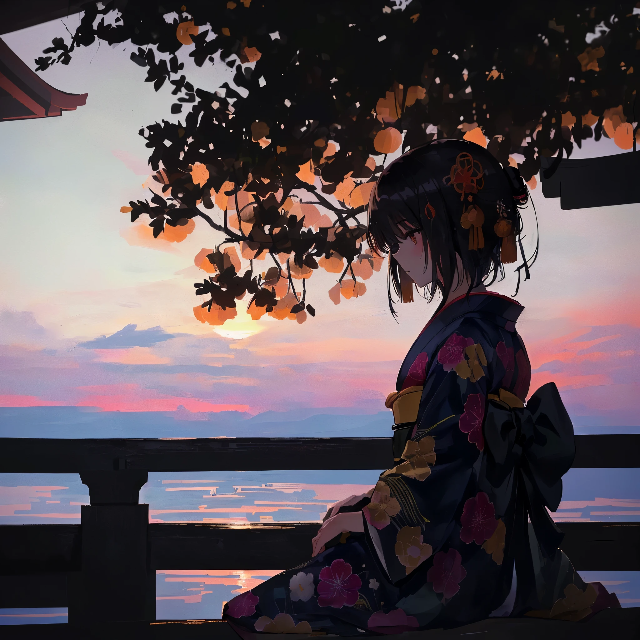 A woman is sitting on a bench watching the sunset, Watching the sunset少女, In kimono, in kimono, Watching the sunset. anime, Watching the sunset, inspired by Itō Shinsui, by Torii Kiyomoto, wear Kimono, wear Kimono, Beautiful images, Japanese women, by Torii Kiyomasu, Japanese Kimono